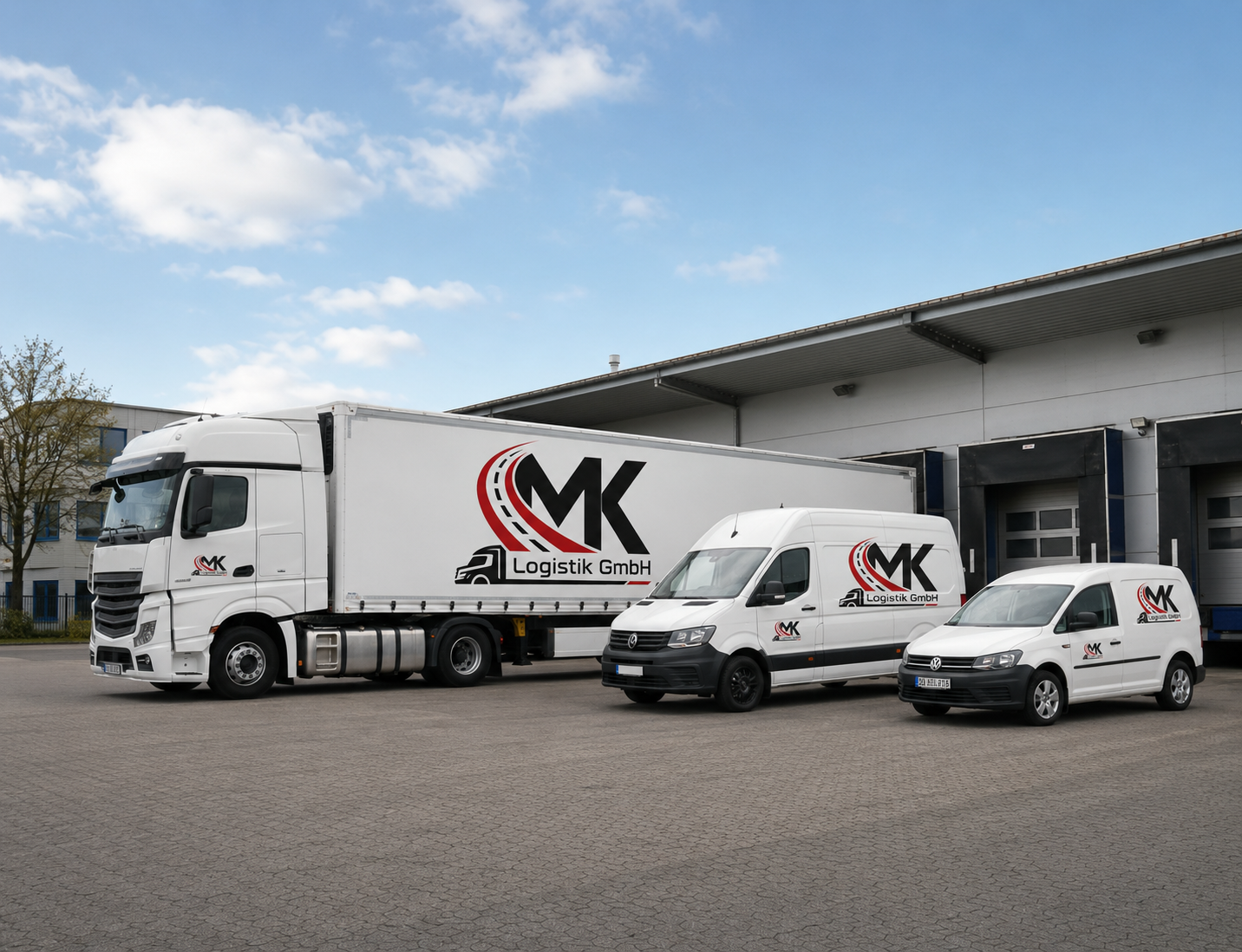 Fuhrpark von MK Logistik – LKW, Sprinter und Transporter vor der Halle