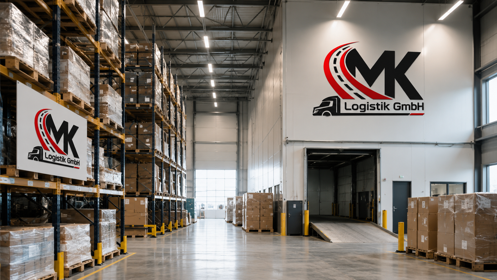 Lagerhalle mit Hochregalen, MK Logistik Logo und Verladerampe in Hemmingen
